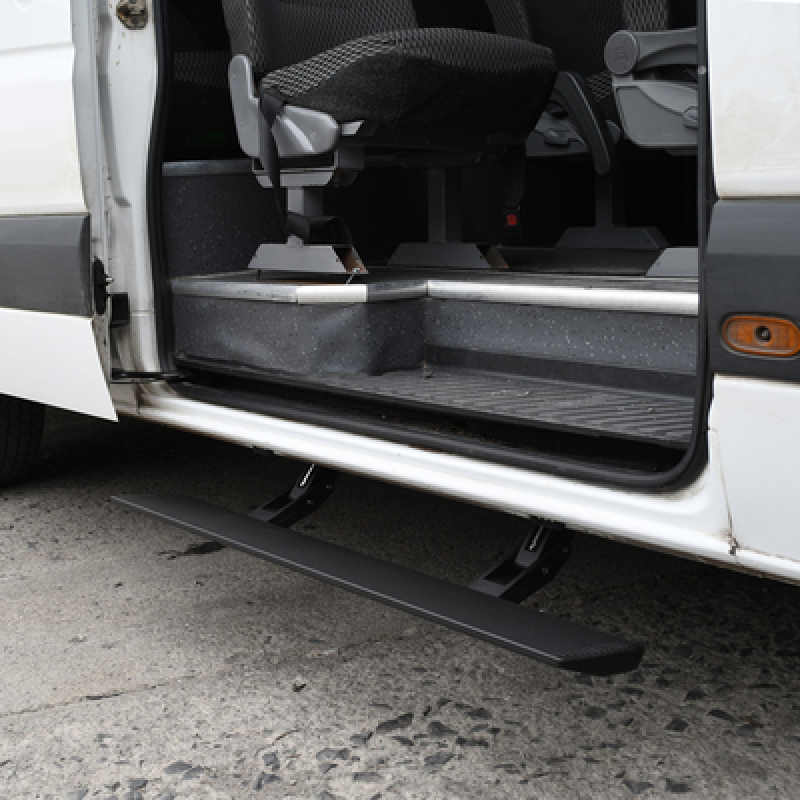 Mercedes-Benz Sprinter 2500 Electric Running Boards - Go Rhino - VoltStep Electric, 6-inch, Bedliner Coating, Integrated LED, Dual-Motor, Magnetically-Activated Door Switches, Automatic Safe-Stop - Black Bedliner Coating - `13-`18